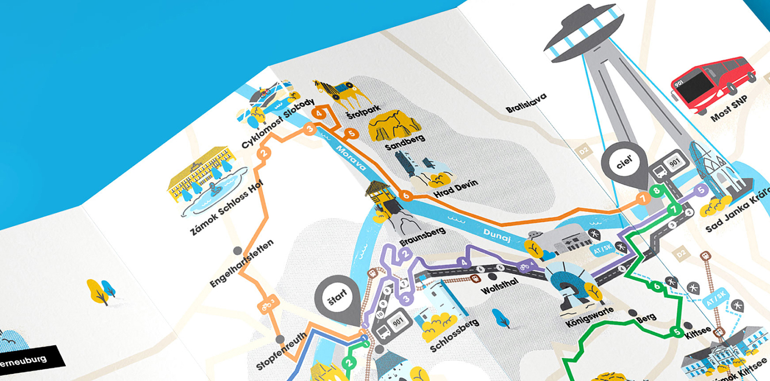 Detail of an illustrated map for IDSBK that shows Bratislava and Hainburg