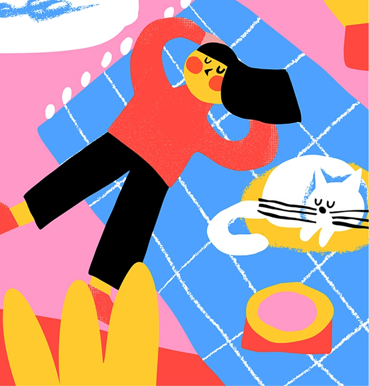 Illustration the the girl and cat having piknik for children magazine Bublina