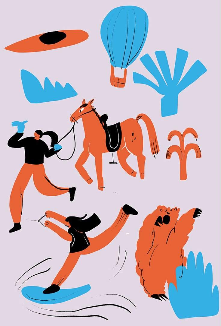 Illustration of fun activities you can do in Kosice like horseback riding and canoeing