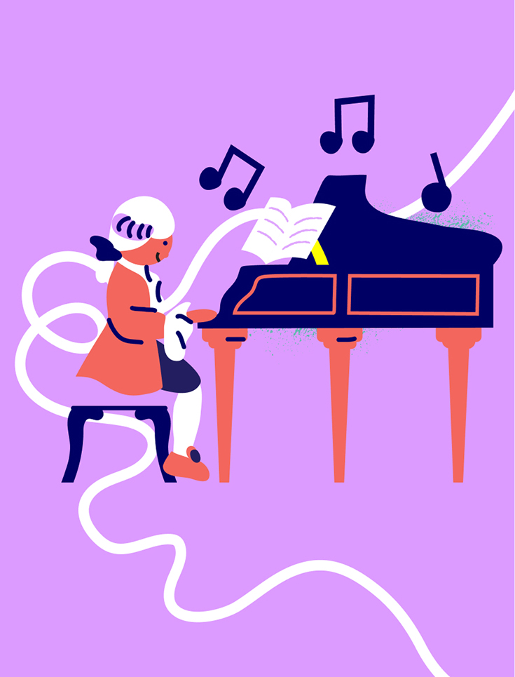 Illustration of the Mozart playing a piano for school branding project