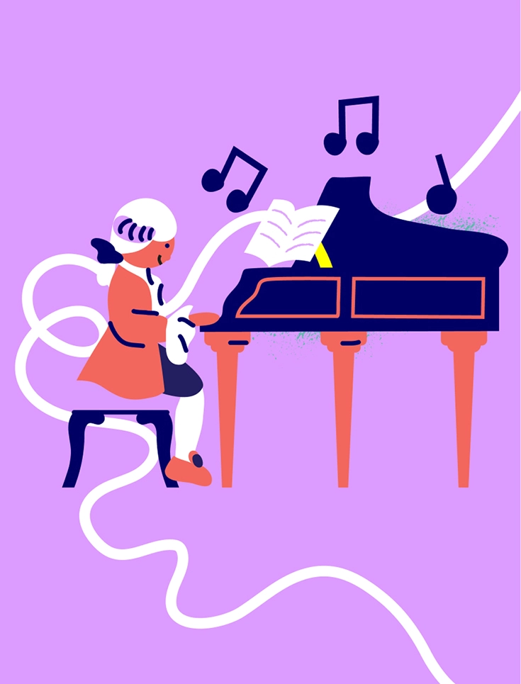 Illustration of the Mozart playing a piano for school branding project