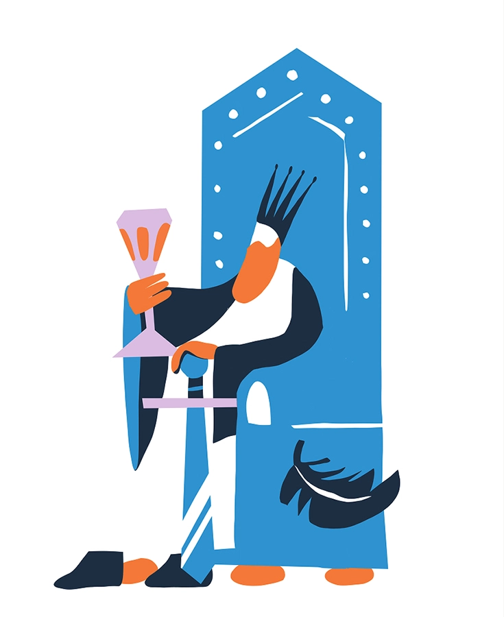 Flat illustration of the king sitting on the throne that is holding nice chalice with the use of mostly blue colours